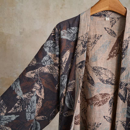 Kimono-Bademantel aus Baumwollgaze mit Blattjacquardmuster - image 3