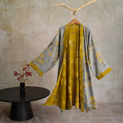 Vintage Kimono-Robe aus Baumwollgaze mit Baummotiv - Hellgrau - XL - image 4