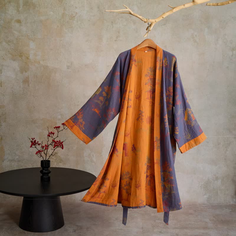 Vintage Kimono-Robe aus Baumwollgaze mit Baummotiv - Dunkelviolett - XL - image 0