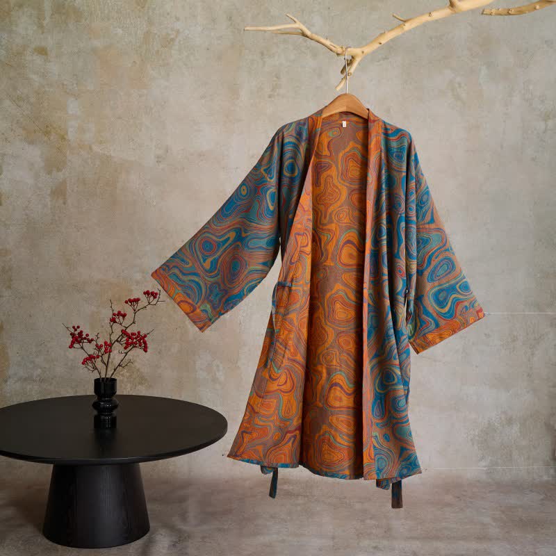 Kimono-Bademantel aus Baumwolle mit künstlerischem abstraktem Muster - Blau - L - image 0
