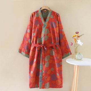 Romantischer Kimono-Bademantel aus Baumwollgaze mit Rosenmuster - Rot - XL - image 0
