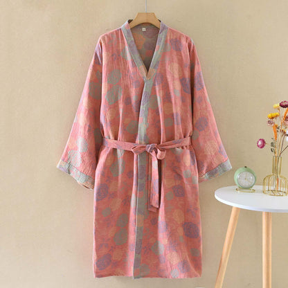 Romantischer Kimono-Bademantel aus Baumwollgaze mit Rosenmuster - Rosa - XL - image 1