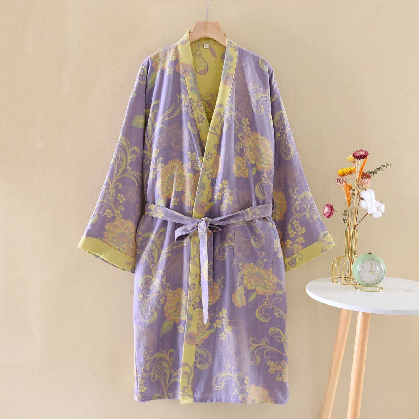 Luxuriöser Kimono-Bademantel aus Baumwollgaze mit Blumenmuster - Lila - XL - image 0