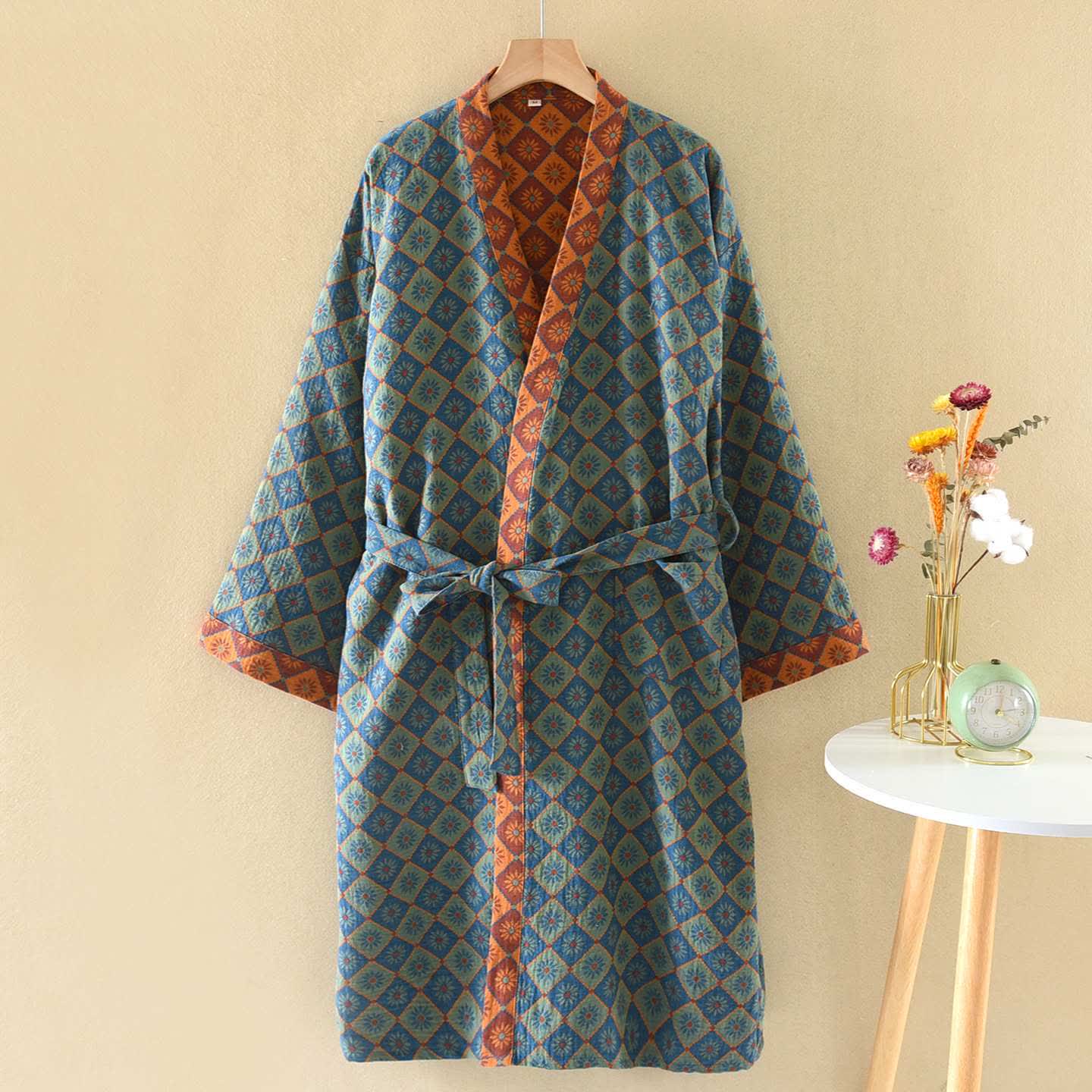 Retro-Kimono aus Baumwolle mit geometrischem Rautenmuster - Blau - XL - image 0