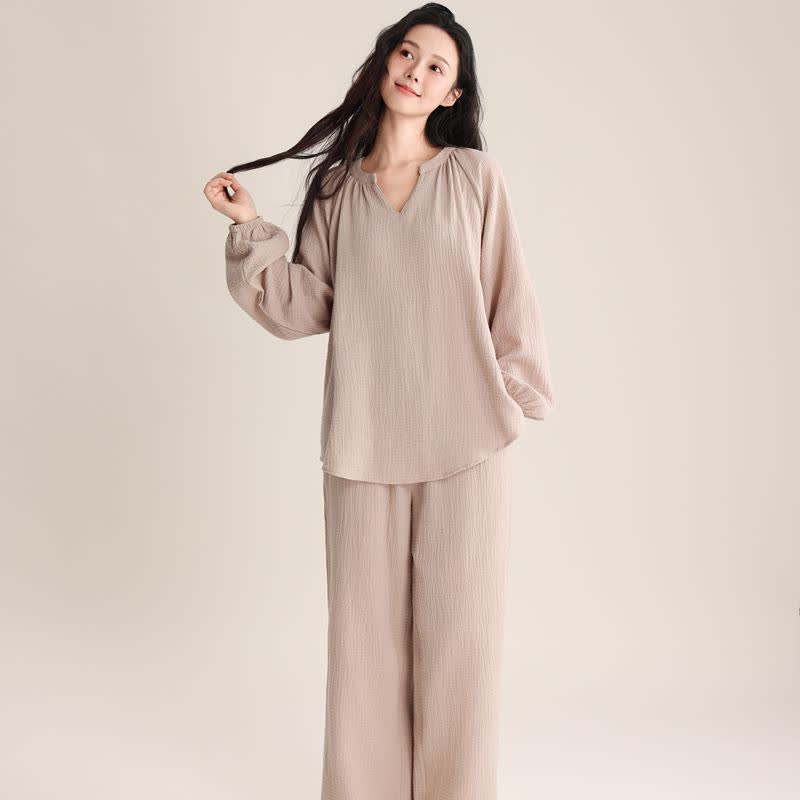 Minimalistisches Loungewear-Set aus Baumwolle mit V-Ausschnitt - Beige - XL - image 0