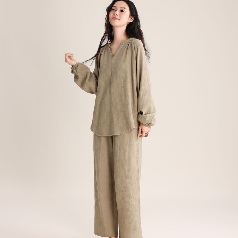 Minimalistisches Loungewear-Set aus Baumwolle mit V-Ausschnitt - Grün - XL - image 8
