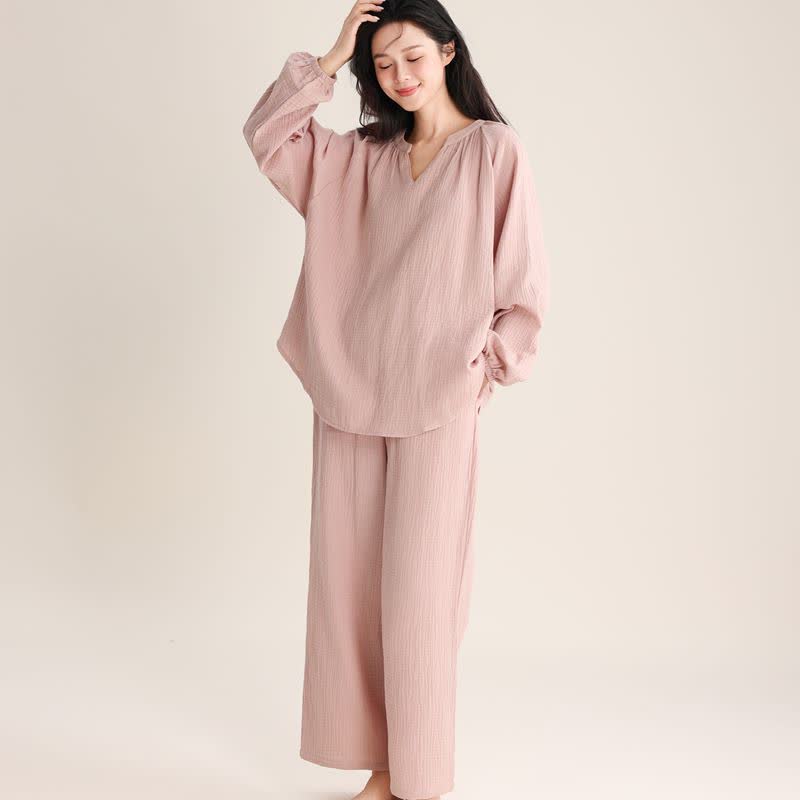 Minimalistisches Loungewear-Set aus Baumwolle mit V-Ausschnitt - Rosa - XL - image 3
