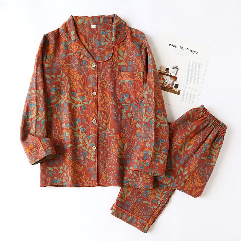 Vintage Loungewear-Set aus Baumwolle mit Blattmotiv und Revers - Rot und Orange - 2XL - image 14