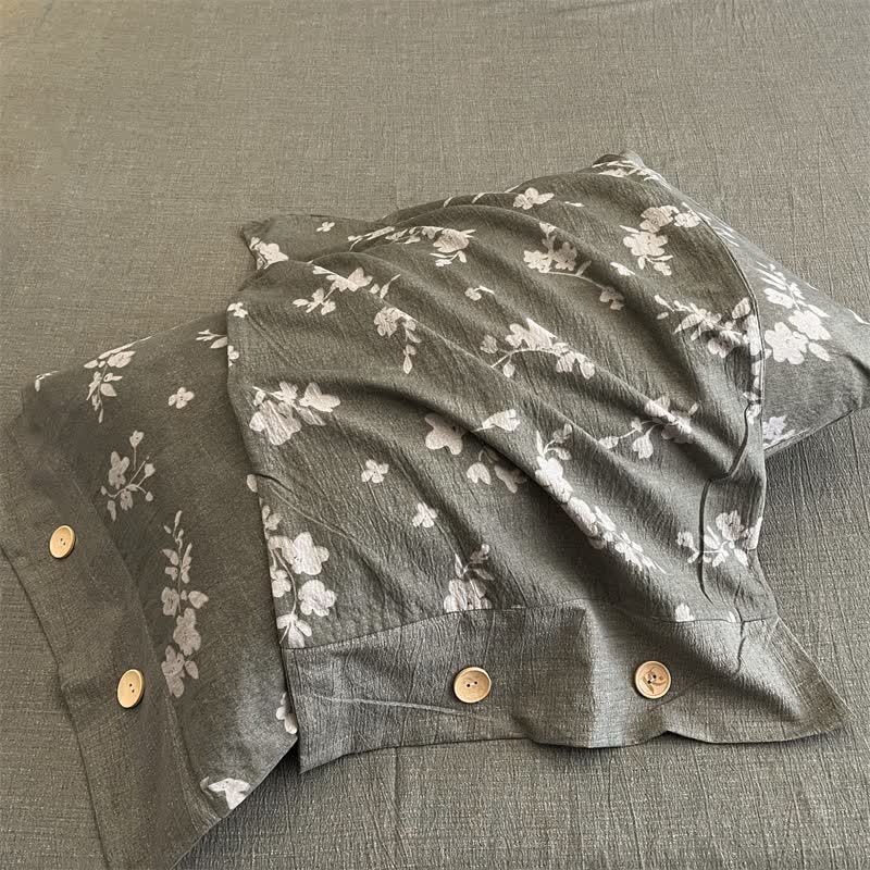 Vintage Bettwäsche-Set mit Leinenknöpfen und Blumenmuster (4-teilig) - image 3