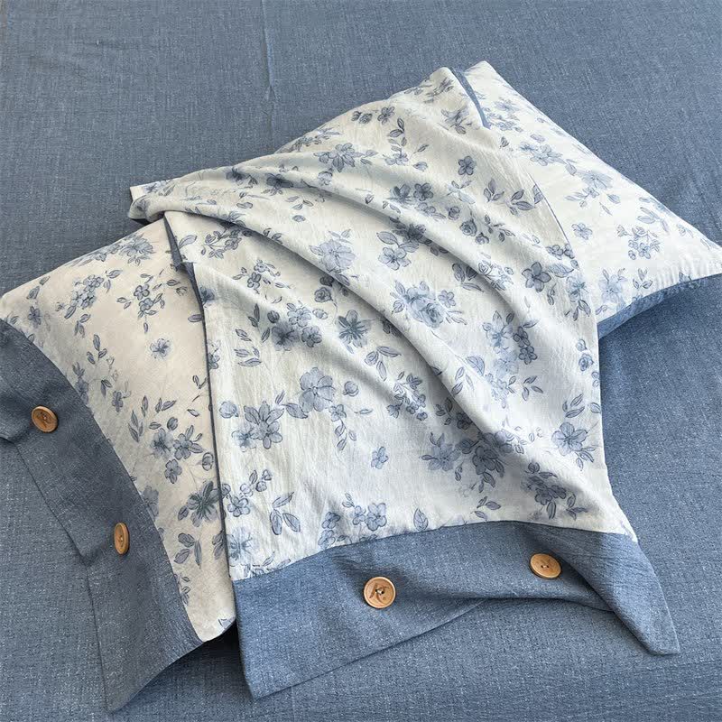 Bettwäsche-Set mit blauem Blumenmuster, Leinen und Knöpfen (4-teilig) - image 5