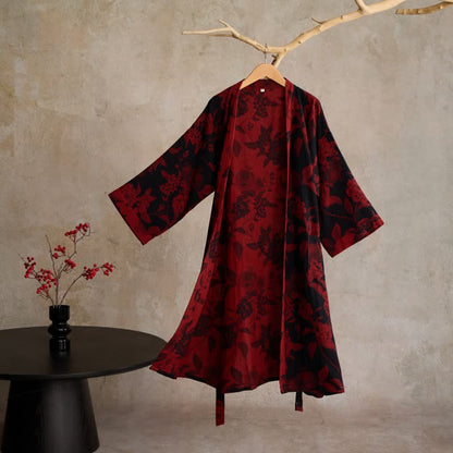 Kimono-Bademantel aus Baumwoll-Jacquard mit Pfingstrosenmuster - Rot - XL - image 0