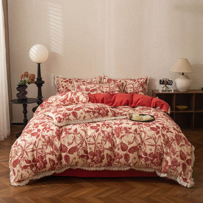 Bettwäsche-Set aus roter botanischer Spitze und gebürsteter Baumwolle - image 1