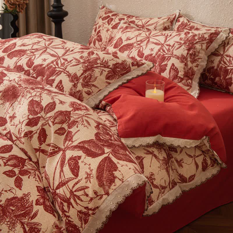 Bettwäsche-Set aus roter botanischer Spitze und gebürsteter Baumwolle - 220cm x 240cm - image 0
