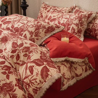 Bettwäsche-Set aus roter botanischer Spitze und gebürsteter Baumwolle - 220cm x 240cm - image 0