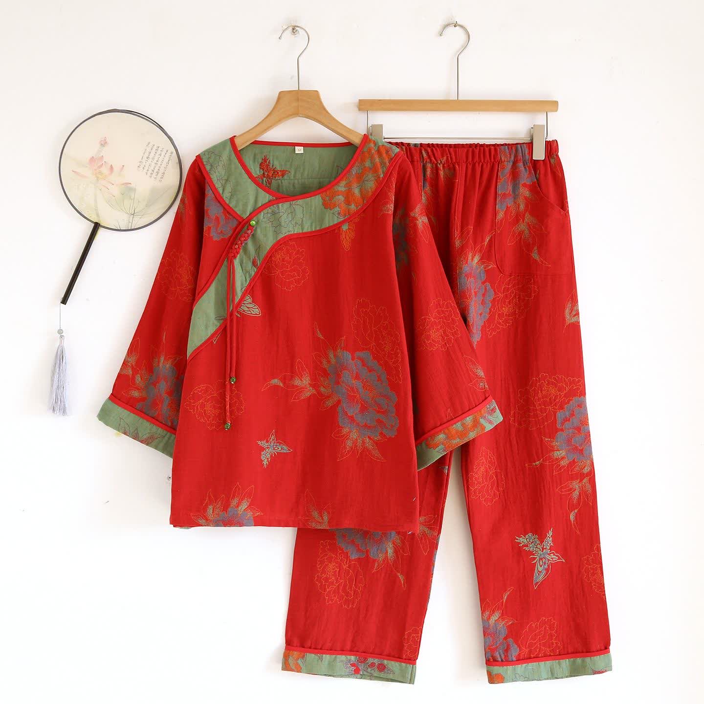 Pyjama aus Baumwollgaze mit Pfingstrosen- und Schmetterlingsmuster (Jacquard) - Rot - XL - image 13