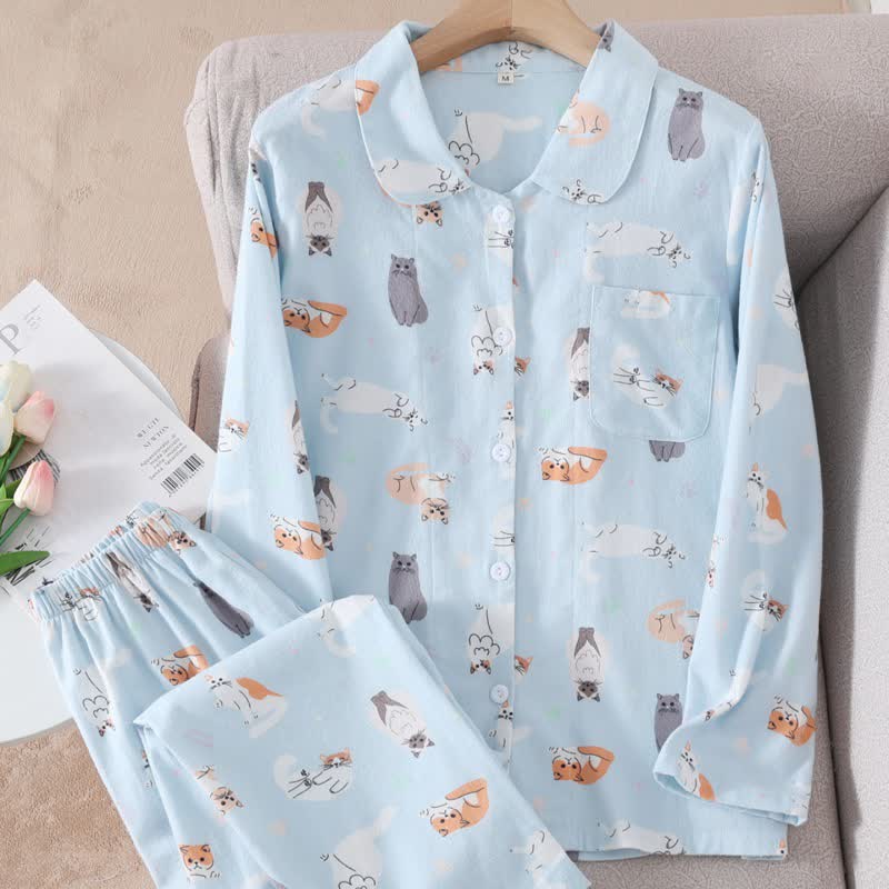 Loungewear-Set aus gebürsteter Baumwolle mit Cartoon-Katzenmotiv - image 1