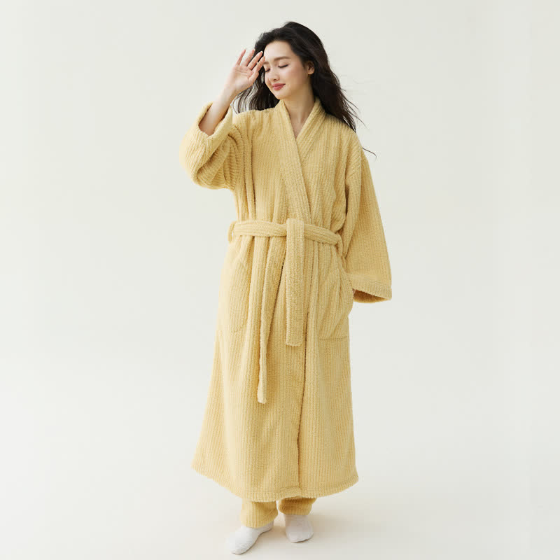 Minimalistischer Stil, einfarbiger Plüschbademantel - Gelb - Bademantel mit Hose - XL - image 1