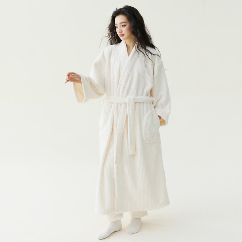 Minimalistischer Stil, einfarbiger Plüschbademantel - Beige - Bademantel mit Hose - XL - image 2