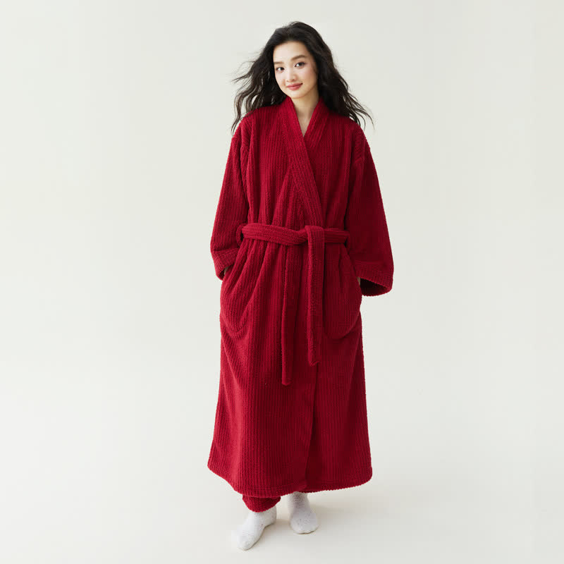 Minimalistischer Stil, einfarbiger Plüschbademantel - Rot - Bademantel mit Hose - XL - image 0