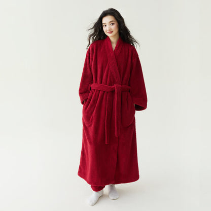 Minimalistischer Stil, einfarbiger Plüschbademantel - Rot - Bademantel mit Hose - XL - image 0