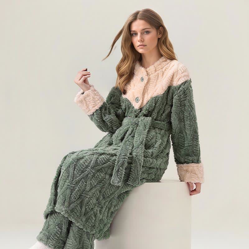 Farbblock-Bademantel-Set mit Rundhalsausschnitt und Plüschbezug - image 1