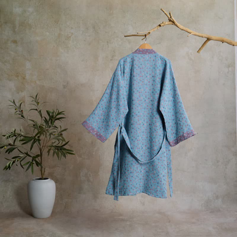 Rustikaler Kimono-Bademantel aus Baumwolle mit floralem Jacquardmuster - image 1