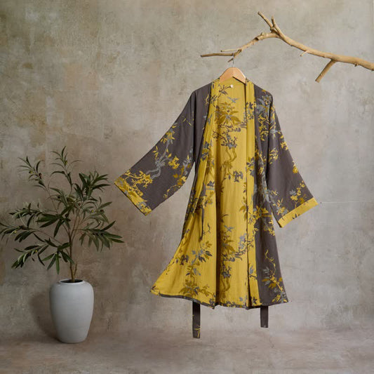 Vintage Kimono-Bademantel aus Baumwolle mit Blumenmuster und Blättern - Grau - L - image 0