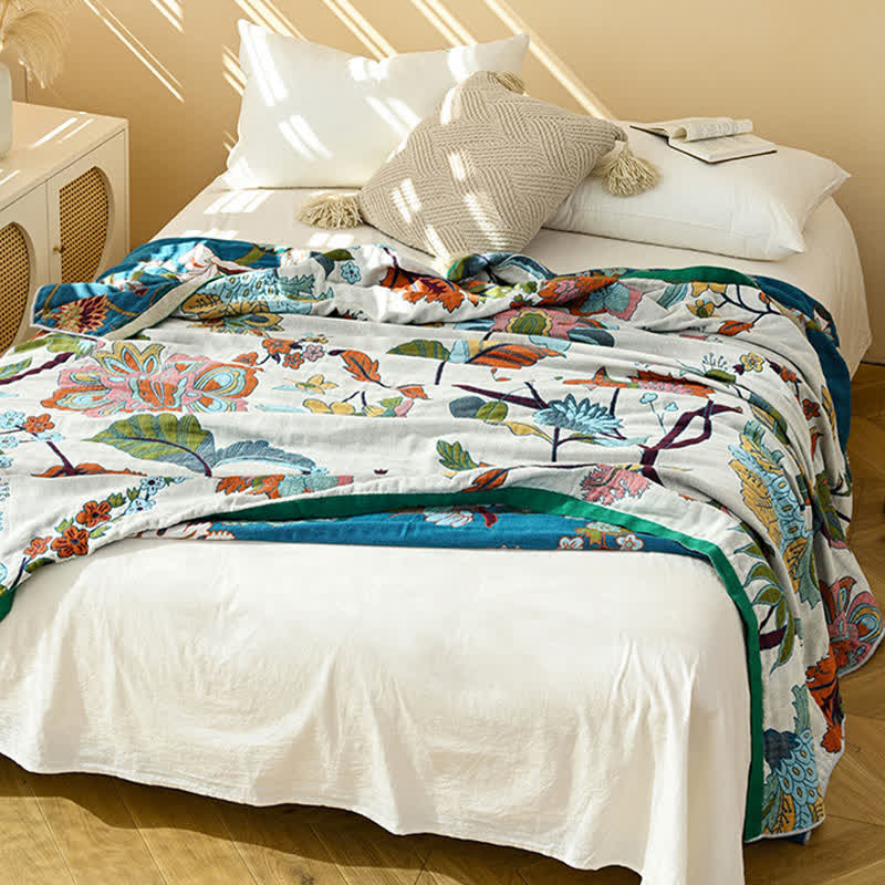 Ownkoti Quiltdecke aus Baumwollgaze mit Jacquardmuster und floralem Blattmuster - image 3