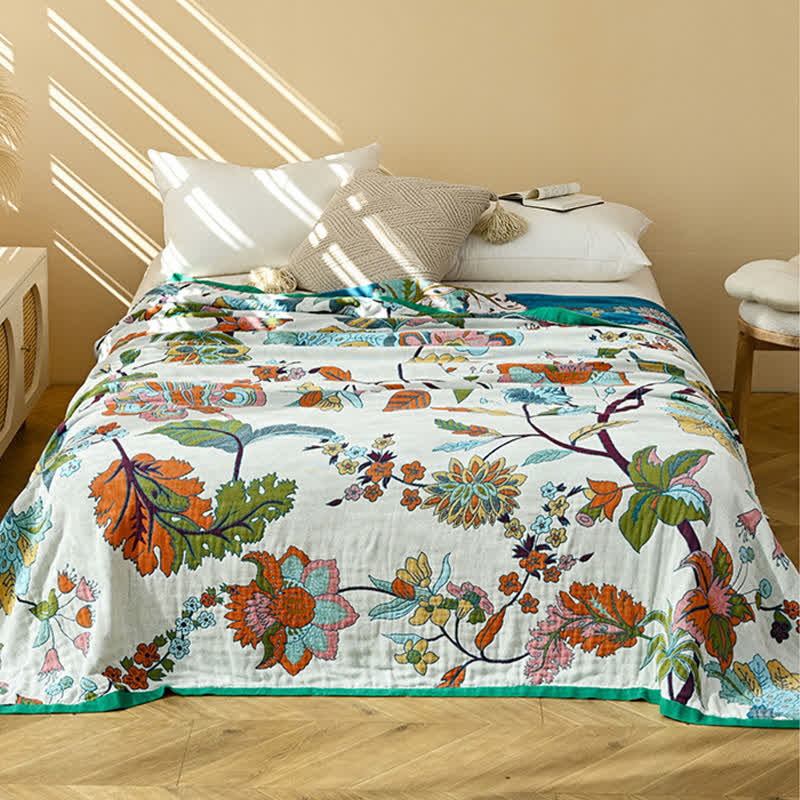 Ownkoti Quiltdecke aus Baumwollgaze mit Jacquardmuster und floralem Blattmuster - image 1