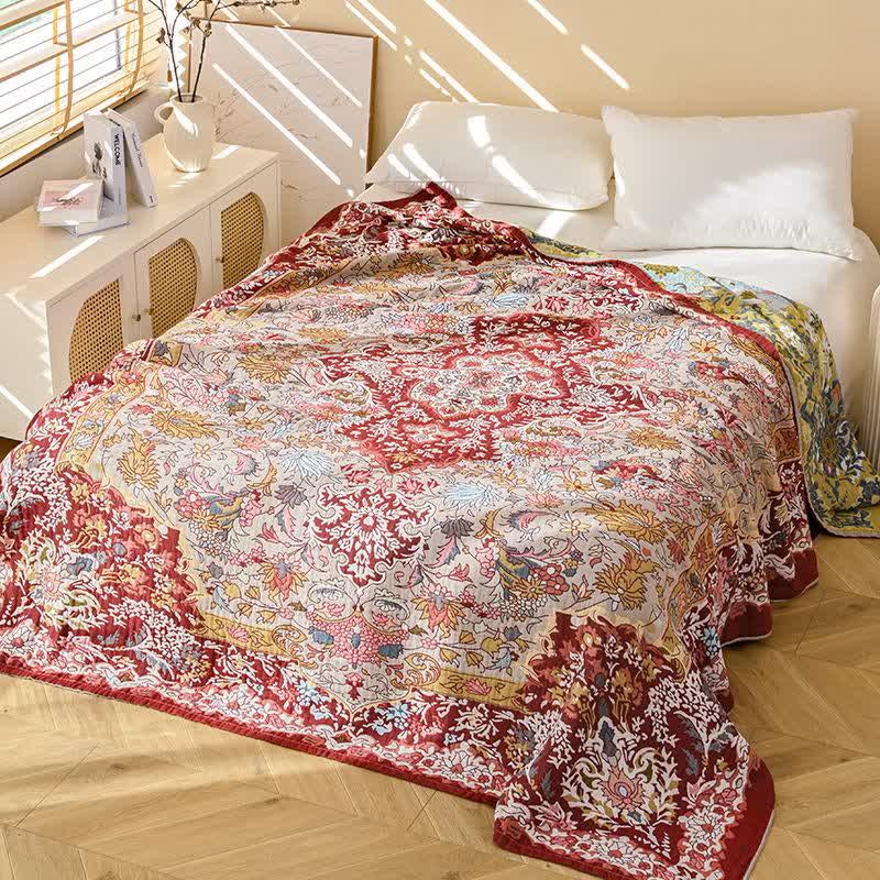 Ownkoti Retro-Steppdecke aus roter Baumwolle mit Jacquard-Blumenmuster - 200cm x 230cm - image 0