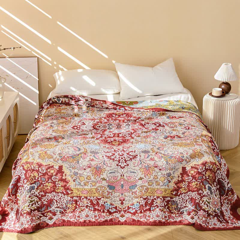 Ownkoti Retro-Steppdecke aus roter Baumwolle mit Jacquard-Blumenmuster - image 1