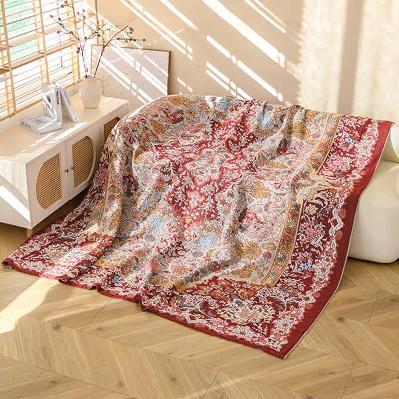 Ownkoti Retro-Steppdecke aus roter Baumwolle mit Jacquard-Blumenmuster - image 4