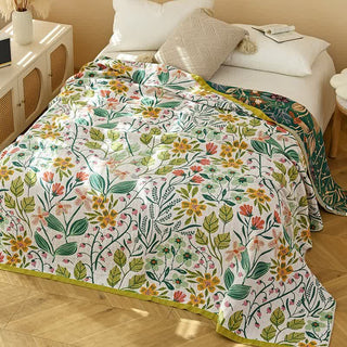 Ownkoti Baumwollgaze-Steppdecke mit grünem Blatt und Blumenmuster - 230cm x 250cm - image 0