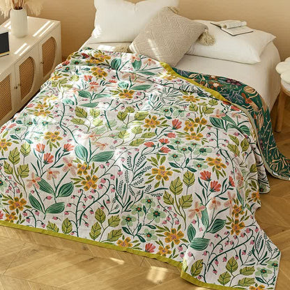 Ownkoti Baumwollgaze-Steppdecke mit grünem Blatt und Blumenmuster - 230cm x 250cm - image 0