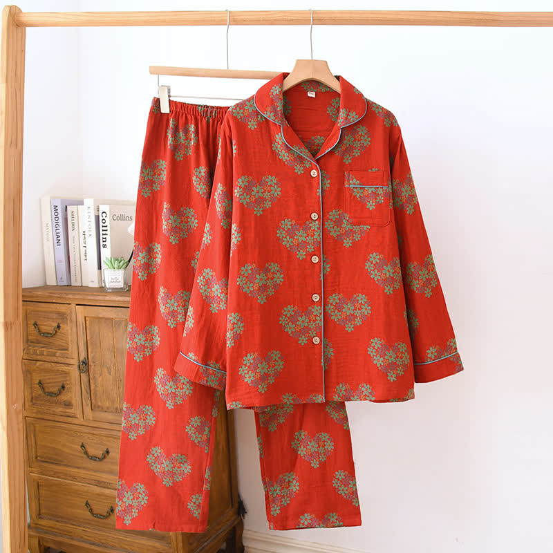 Loungewear-Set aus herzförmigem Baumwollgaze mit Blumenmuster - Rot - XXL - image 0