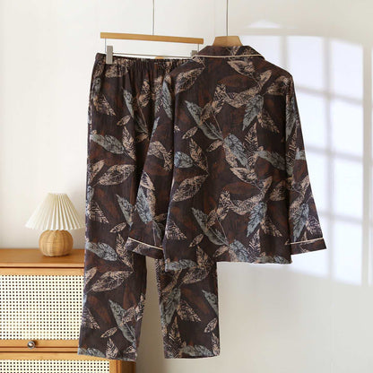 Loungewear aus Baumwollgaze mit künstlerischem Blattjacquardmuster - image 1