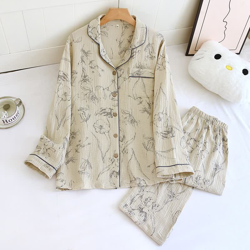 Elegantes Loungewear-Set aus Baumwolle mit Vintage-Blumenmuster - Beige - XL - image 0
