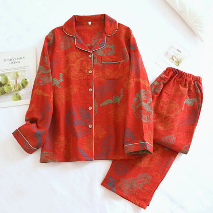 Orientalischer Drachen- und Phönix-Baumwollpyjama-Set - Rot - XL - image 0