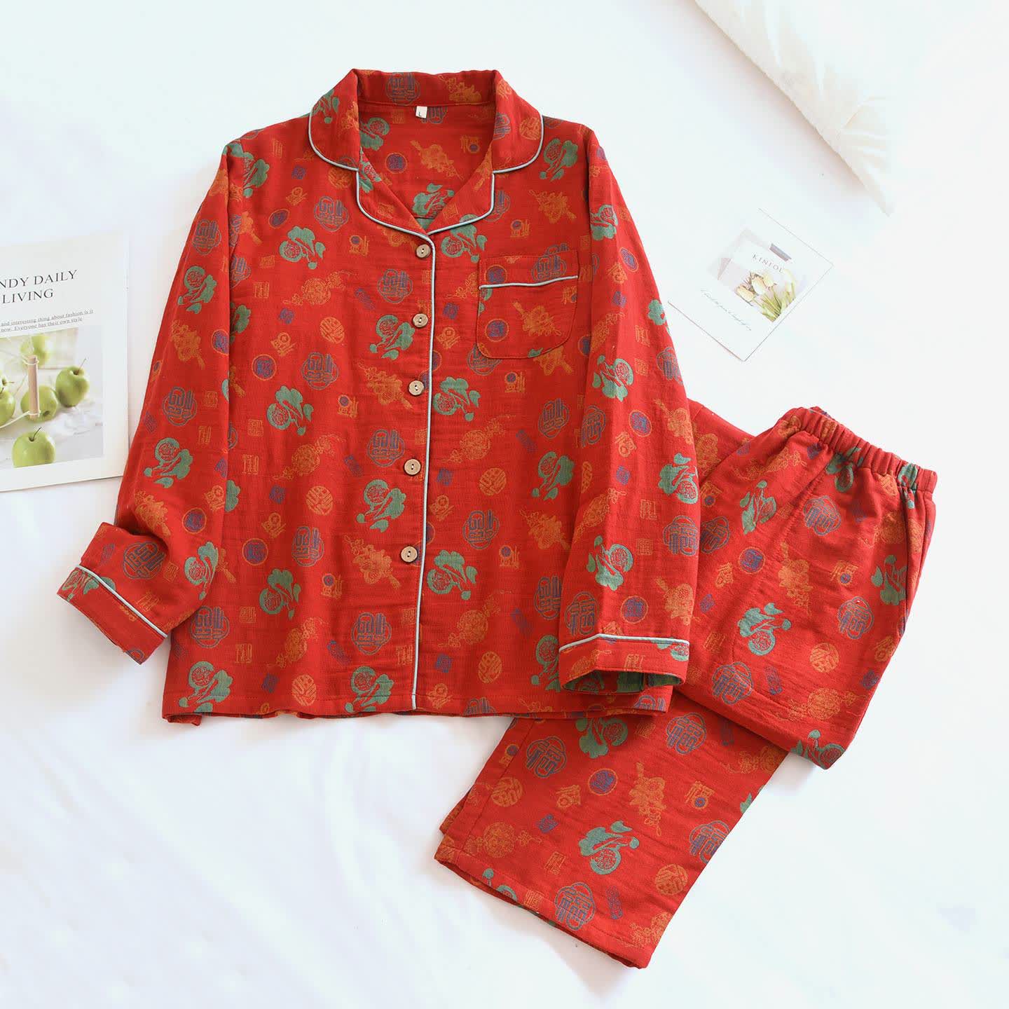 Vintage-Loungewear-Set aus Baumwolle mit Segensmuster - Rot - XL - image 0