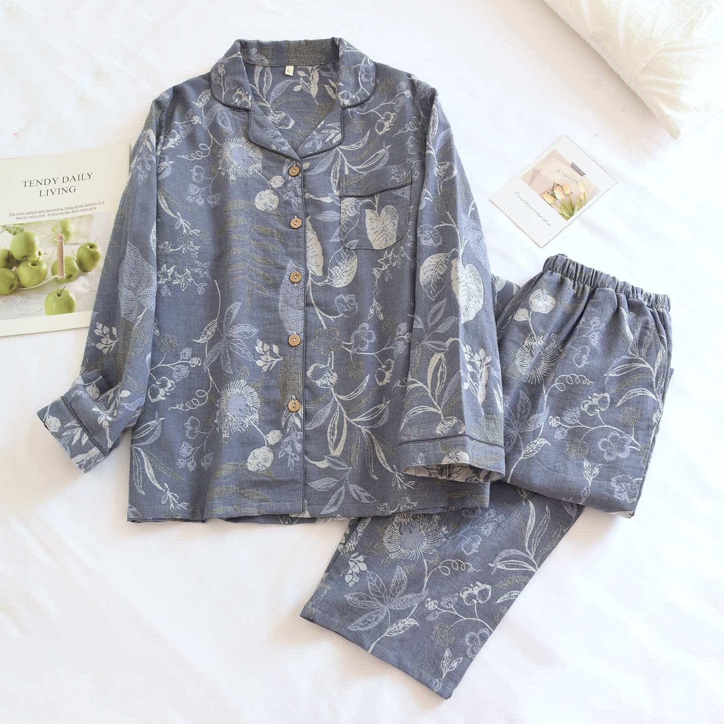 Elegantes Loungewear-Set aus Baumwolle mit Blumenmuster - Blau - XL - image 0