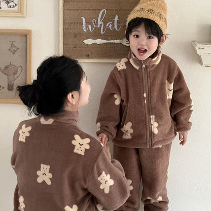 Kinder-Loungewear-Set mit Bärenmuster und Reißverschluss - Kaffee - Erwachsene: L - image 0