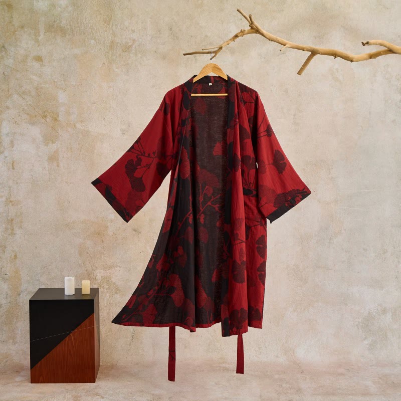 Großer Kimono-Bademantel aus Baumwolle mit Ginkgoblättern - Rot & Schwarz - 2XL - image 11