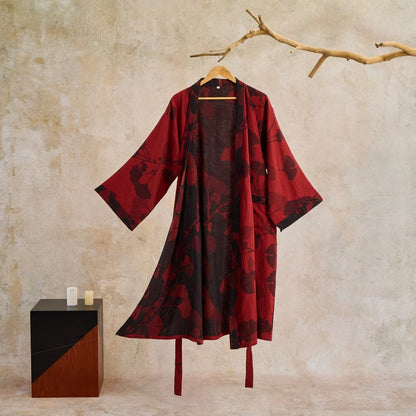 Großer Kimono-Bademantel aus Baumwolle mit Ginkgoblättern - Rot & Schwarz - 2XL - image 11
