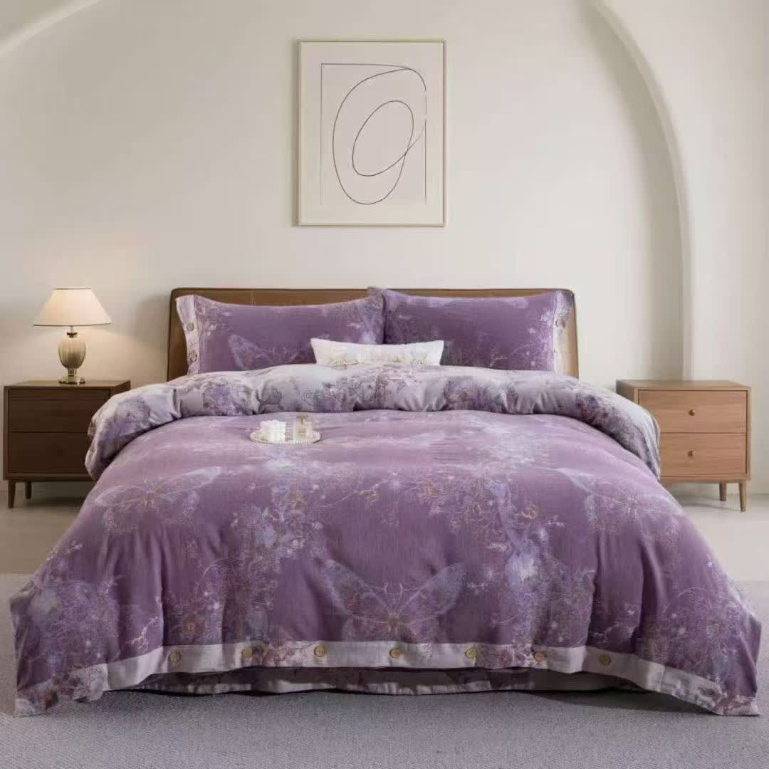 Traumhaftes Schmetterlings-Bettwäscheset aus Baumwoll-Doppelgaze (4-teilig) - Lila - 220cm x 240cm - image 0