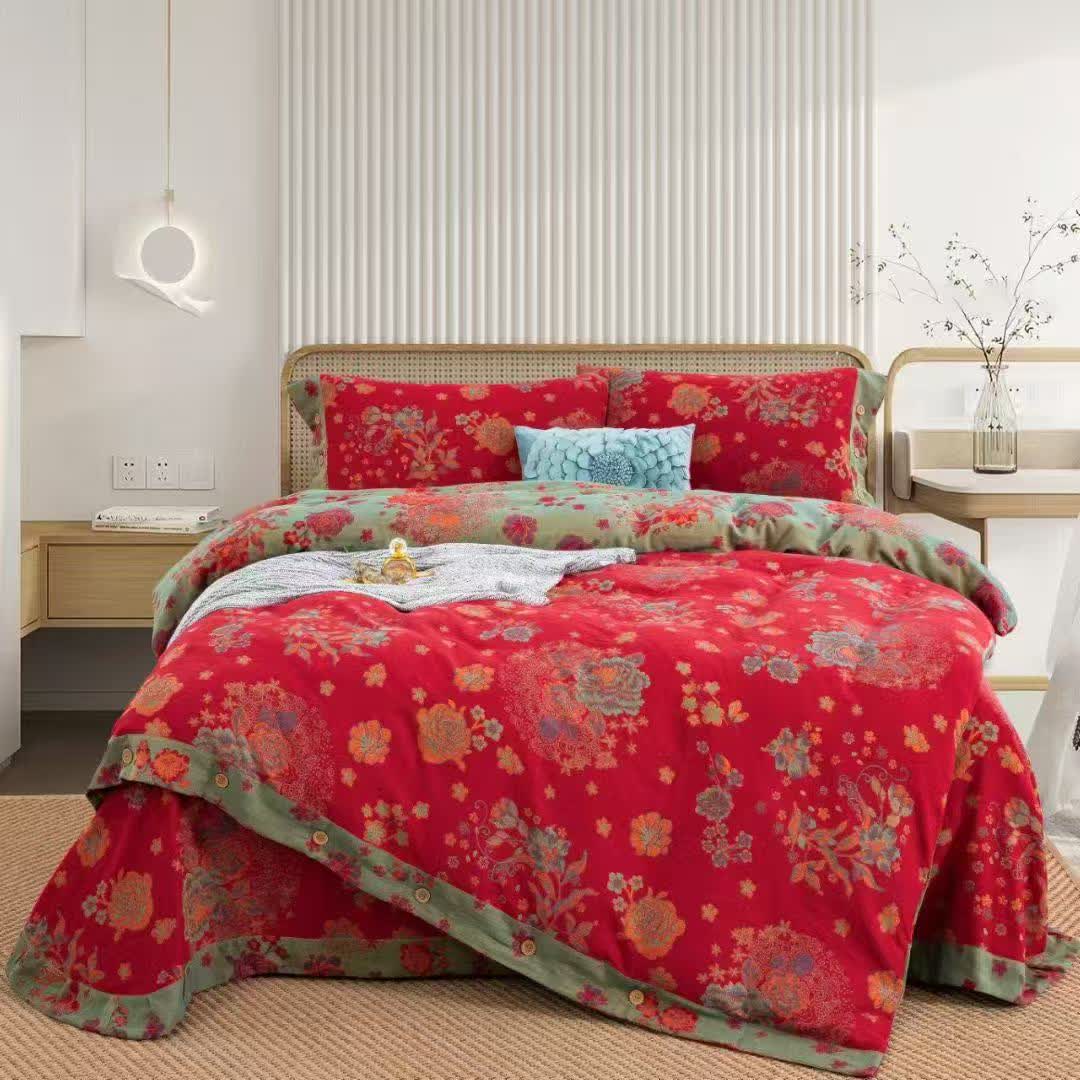 Bettwäsche-Set mit Pfingstrosen-Baumwollgaze und Knöpfen (4-teilig) - Rot  - 220cm x 240cm - image 0