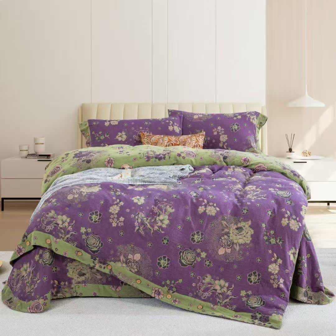 Bettwäsche-Set mit Pfingstrosen-Baumwollgaze und Knöpfen (4-teilig) - Lila - 220cm x 240cm - image 2
