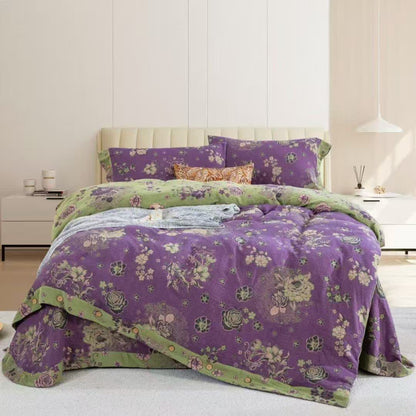 Bettwäsche-Set mit Pfingstrosen-Baumwollgaze und Knöpfen (4-teilig) - Lila - 220cm x 240cm - image 2