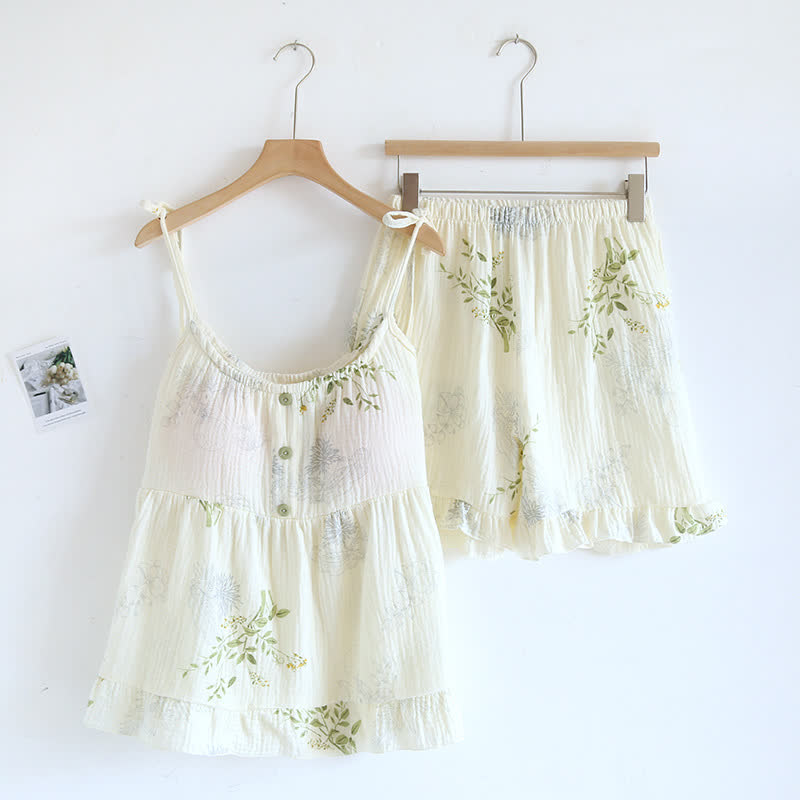 Pyjama-Set aus Baumwolle mit Blätterprint, Trägertop und Baumwollunterwäsche - Grün - XL - image 0