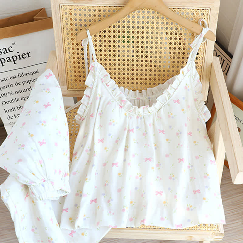 Baumwoll-Pyjama-Set mit Schleifenmuster, Trägertop und Baumwollunterwäsche - Rosa - XL - image 0