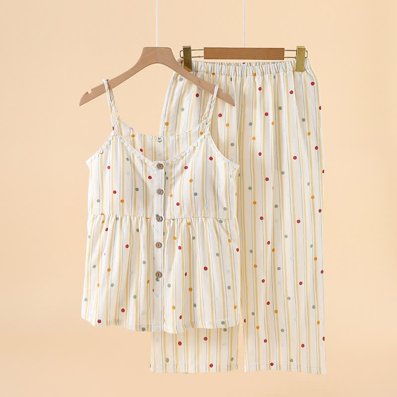 Gestreiftes Baumwoll-Pyjama-Set mit Polka-Dot-Top - Hellgelb - XXL - image 1